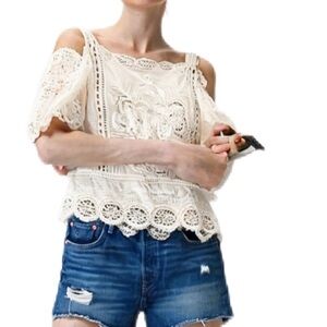 MISS KELLY White Ruffled Lace Boho off Shoulder Blouse with Embellishment Size S